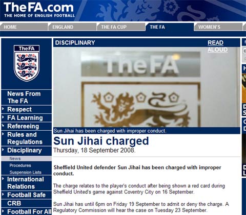 被罚下后涉嫌“行为不当”英足总正式指控孙继海